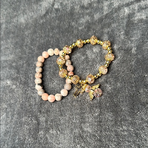 Set of 2 Bracelets Angel & Cross Charm Gold & Pink Beaded Dangling Charm Set - Picture 2 of 11